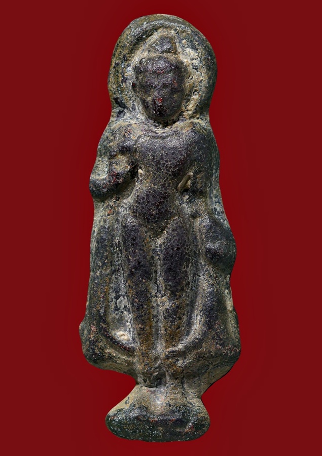 พระทวารวดี ปางยืนประทานพร เนื้อชินตะกั่วสนิมแดง (ลูกหว้า)