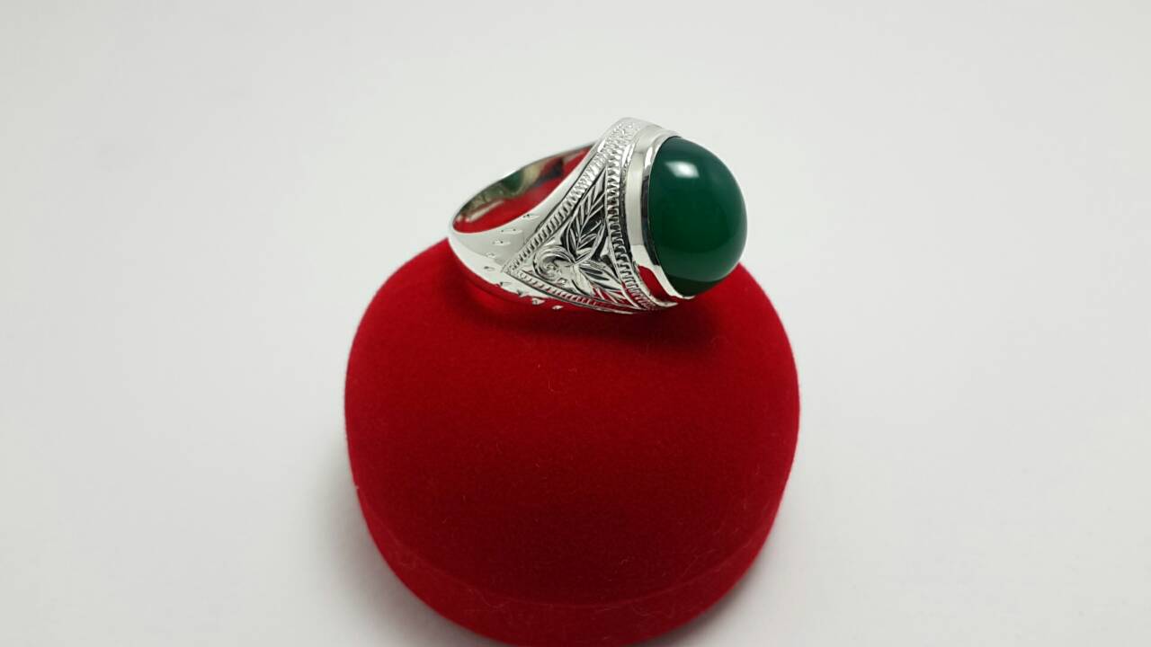 ขายแหวนเงินฝังพลอยหินโมราเขียว ( คาลซิโดนี่ ) 