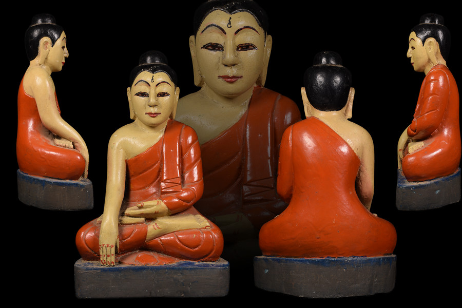 พระพุทธไม้สลักลงสี ศิลปะพม่า