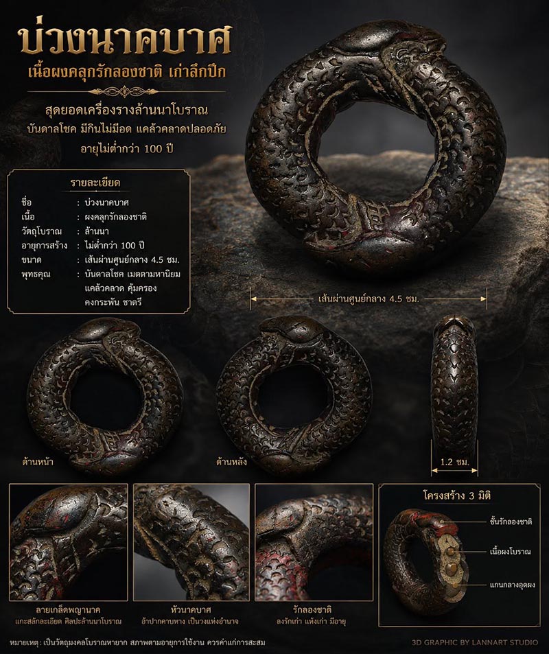 บ่วงนาคบาศ เนื้อผงคลุกรักอายุไม่ต่ำกว่า 100 ปี 