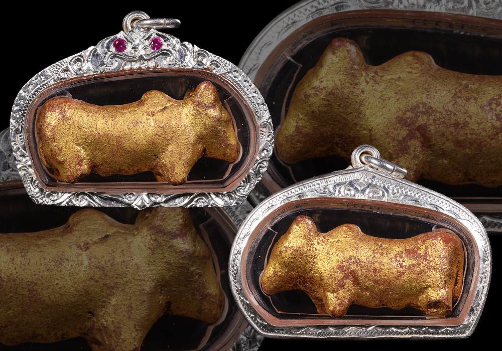 วัวธนูเนื้อผงยา ลงรักชาดปิดทองเก่า